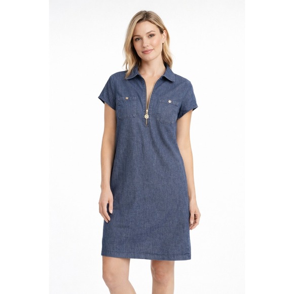 Anne Klein Dresses & Skirts - Anne Klein Denim Shift Dress Blue Half Zip Collared Womens 4 preppy granola
